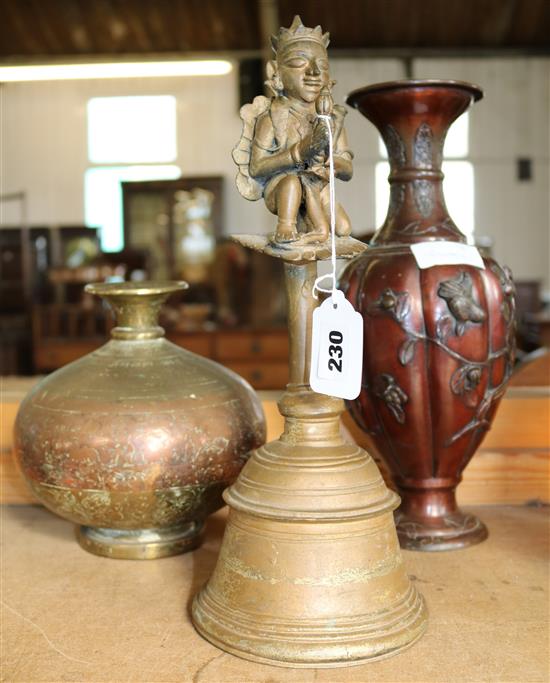 Indian metal figure bell, Japanese vase & brass vase